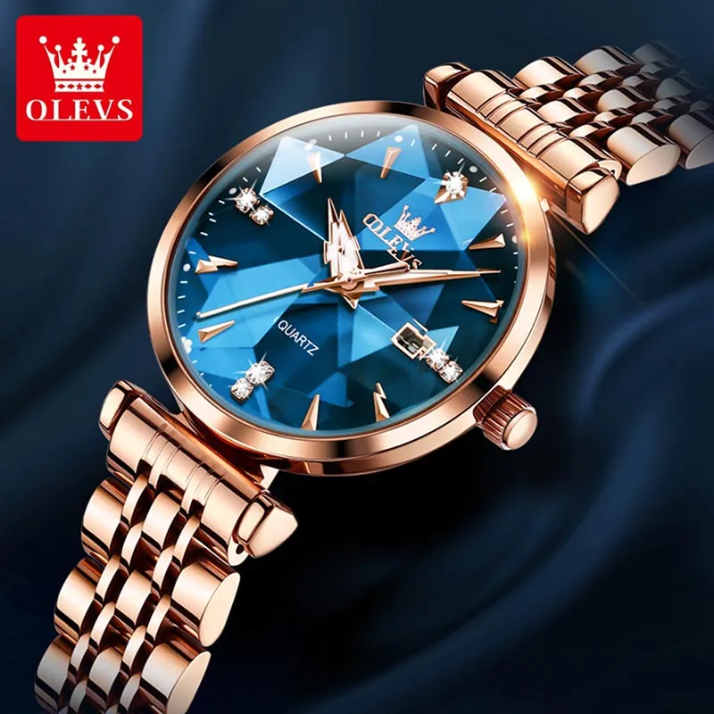 OLEVS Women Stainless Steel Strap Fashion Rhombus Mirror Design Luxury Ladies Wristwatch (Blue)